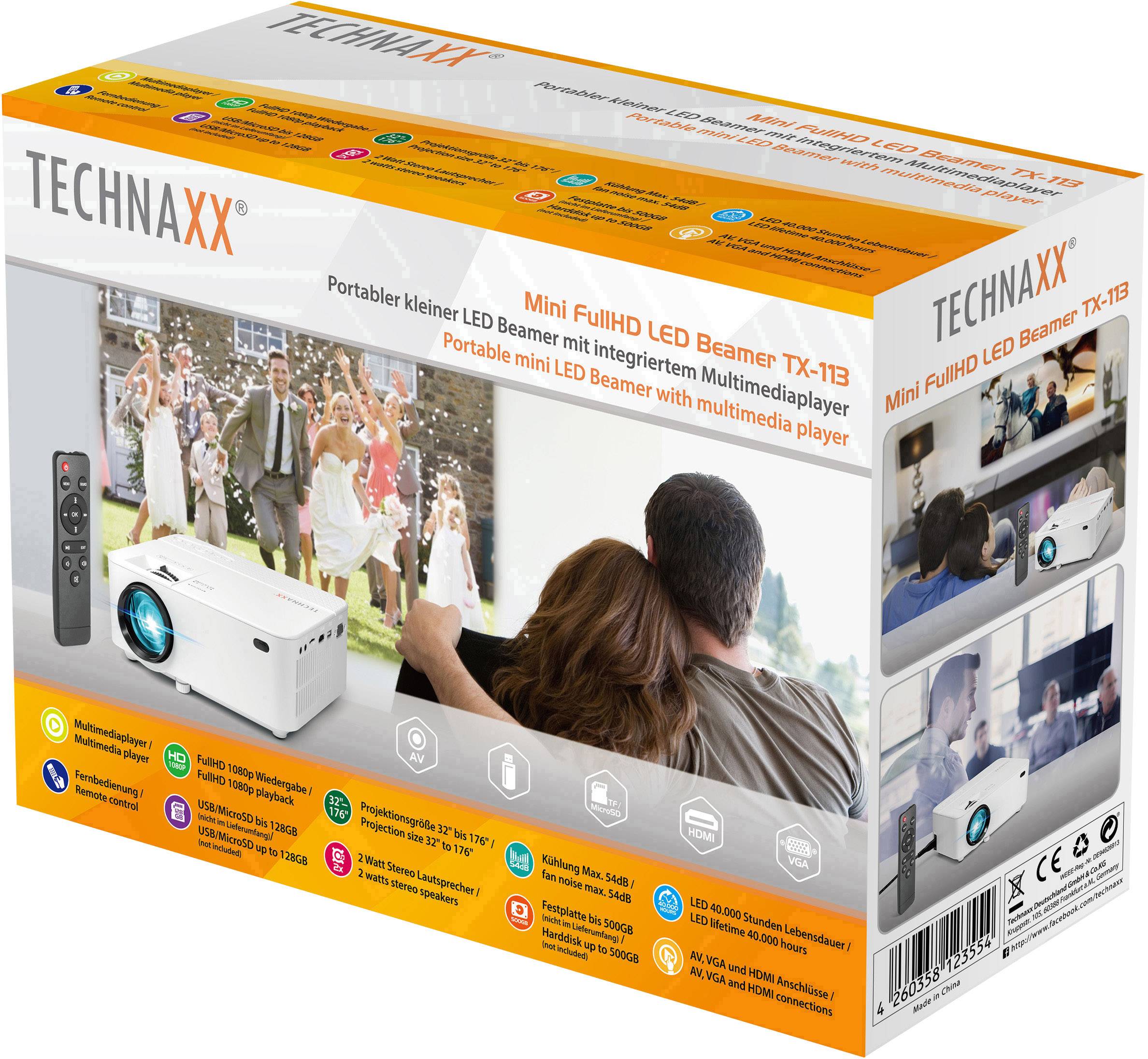 Verpackung eines tragbaren LED-Beamers mit Fernbedienung. Zeigt Hochzeit, Heimkino und Beamer mit Multimediafunktion auf der Rückseite.