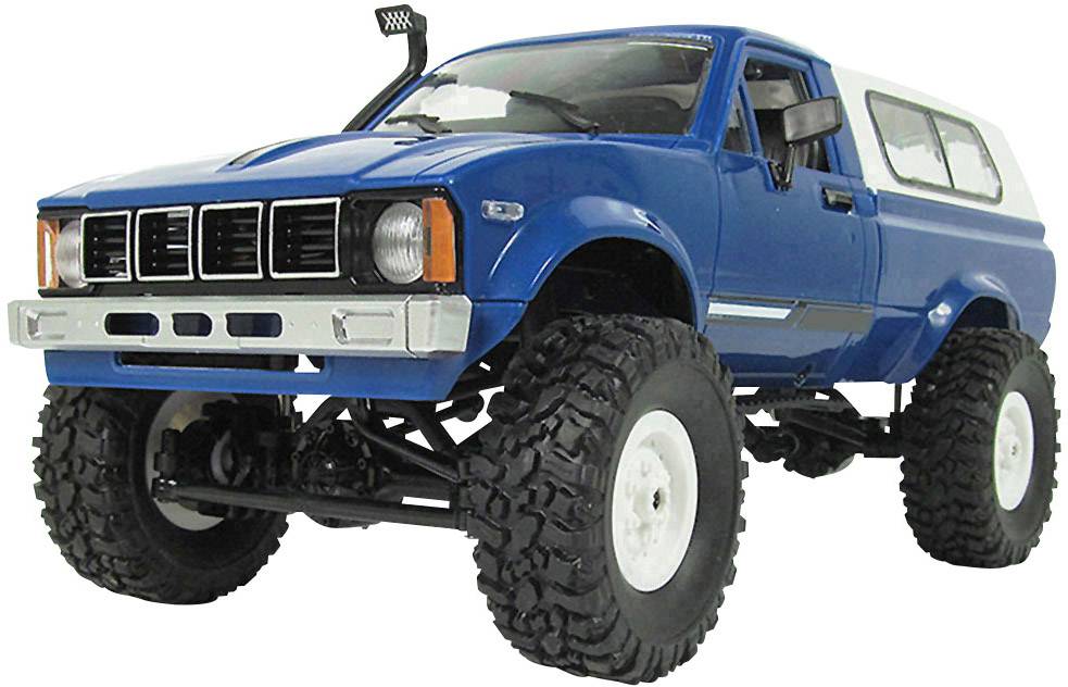 Blauer Geländewagen mit großen Reifen und weißem Dach, von schräg vorne gesehen.