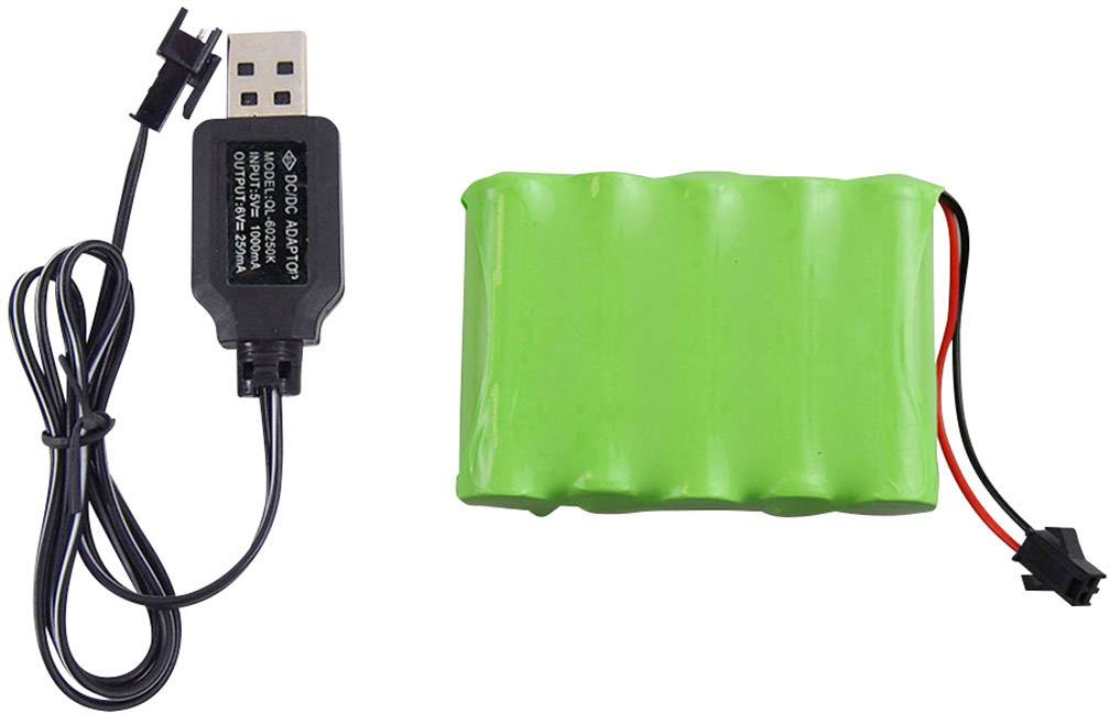 'Ein grüner aufladbarer Akku neben einem USB-Ladekabel, geeignet für elektronische Geräte mit passendem Anschluss.'