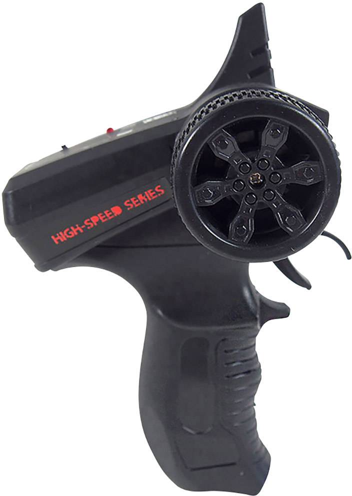Schwarzer Funkfernbedienungs-Controller mit Schriftzug 'High-Speed Series' an der Seite, seitliche Ansicht, für Modellfahrzeug-Steuerung.