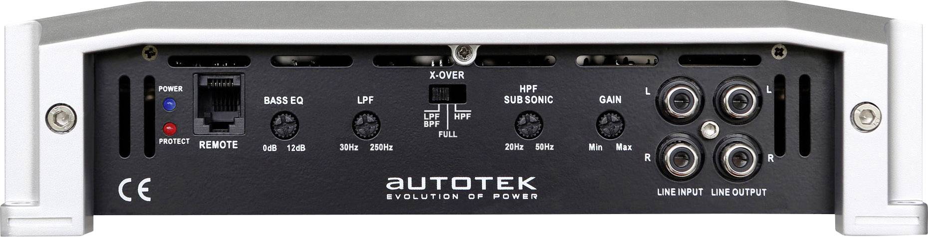 Rückansicht eines Autoverstärkers mit Einstellknöpfen für Bass, Hochpassfilter, Subsonic, Gain und Anschlüsse für Lautsprecher und Strom.