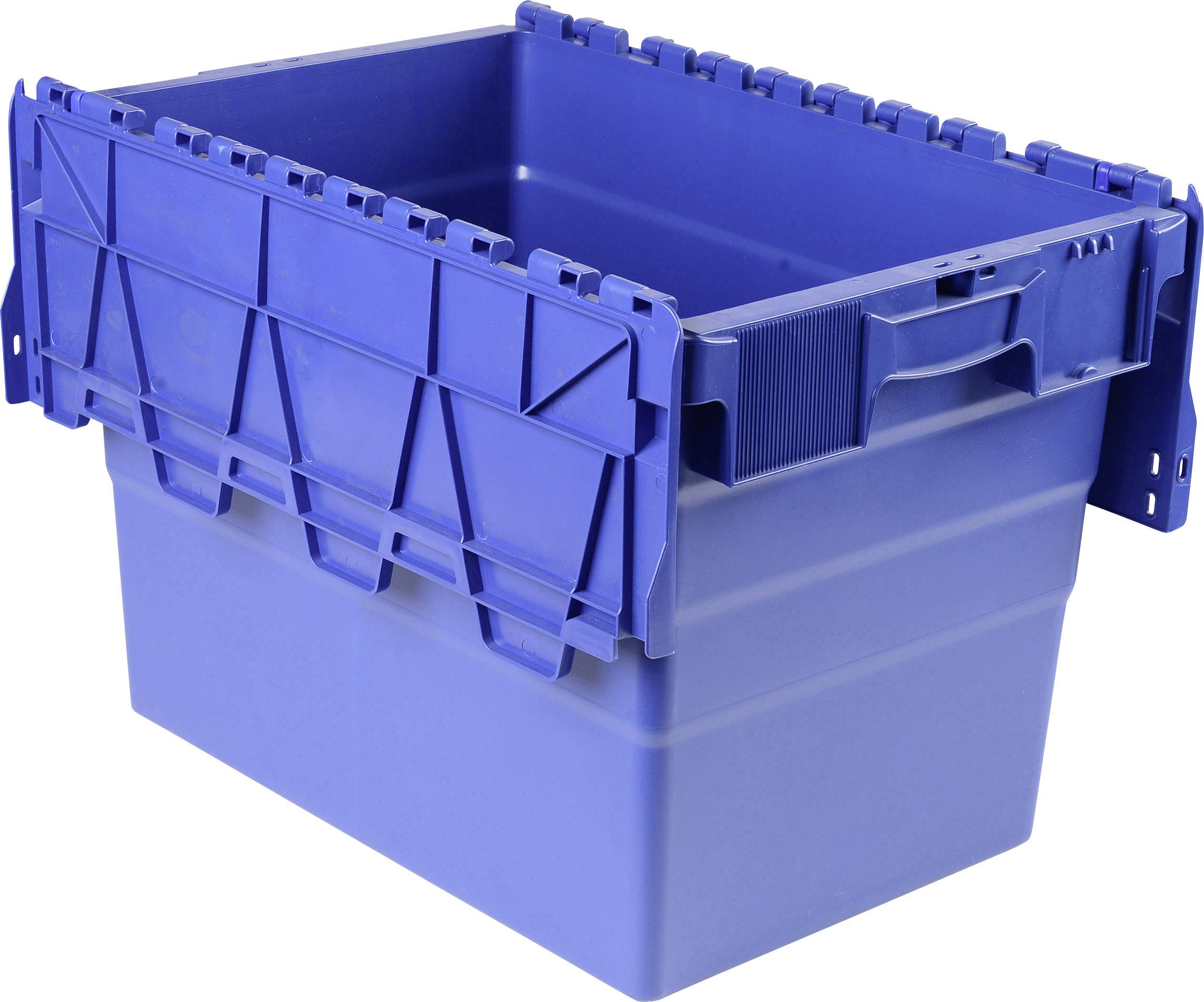 Ein großer, leerer, blauer Plastikbehälter mit verstärkten Seiten und Griffen auf beiden Seiten. Der Deckel kann befestigt werden.