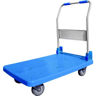 Ein blauer Transportwagen mit Metallgriff, vier Rädern und einer flachen Plattform für den Transport von Lasten.