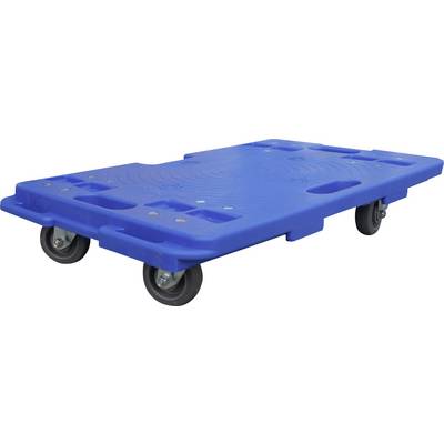 Blauer Rollwagen mit vier drehbaren Rädern, geeignet zum Transportieren schwerer Gegenstände. Ideal für Lager und Werkstätten.