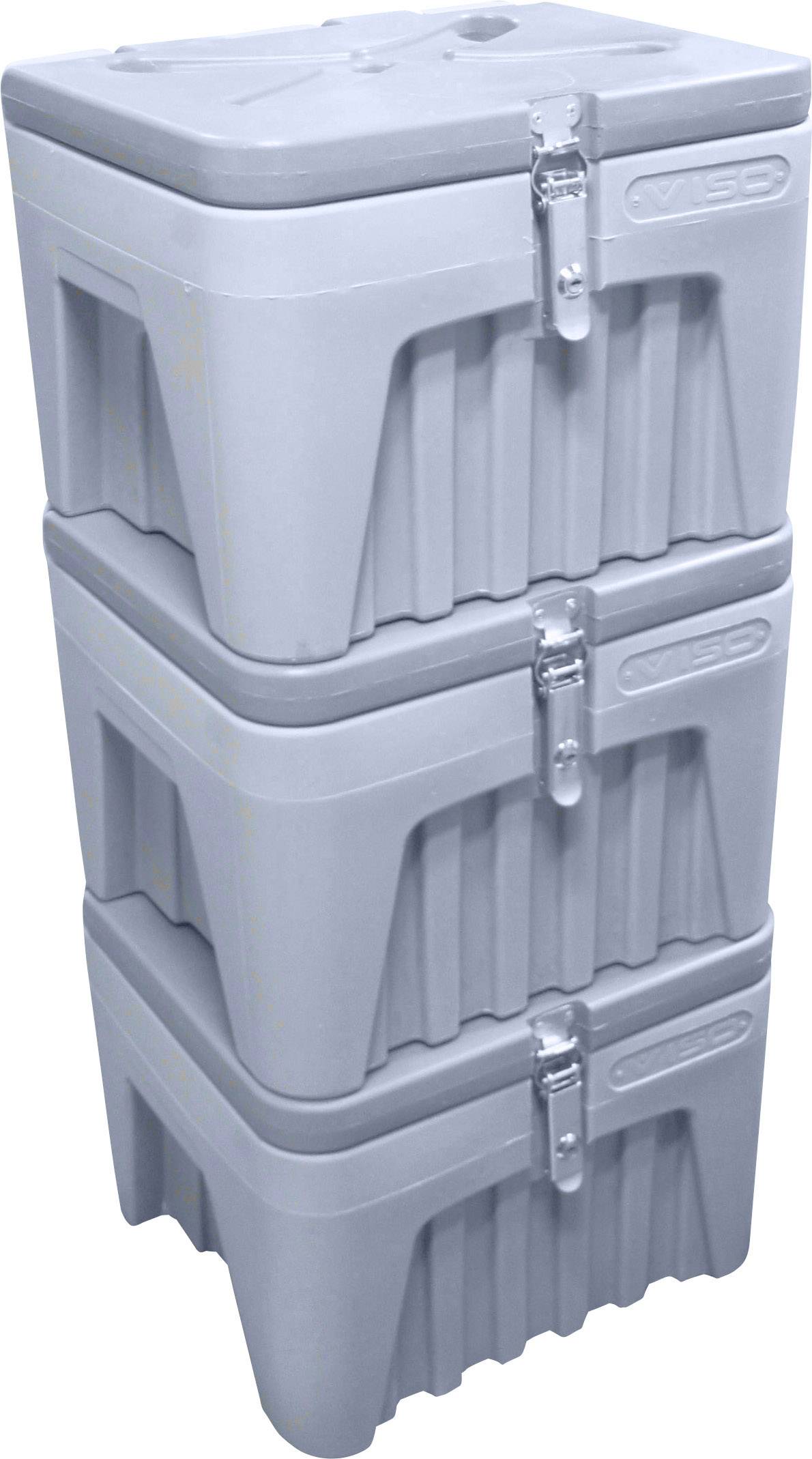 Drei übereinandergestapelte, graue Transportboxen mit Metallschlössern. Sie wirken stabil und sind für den sicheren Transport geeignet.