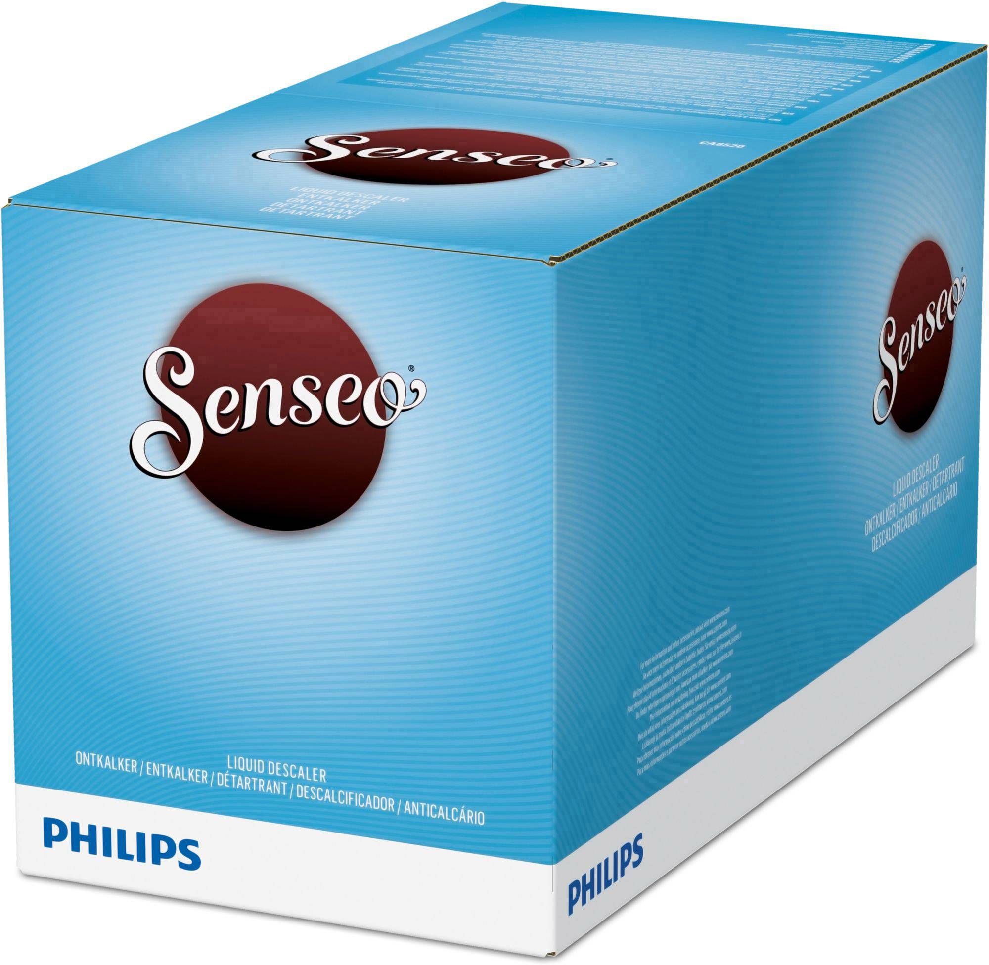 Verpackung von Senseo-Entkalker mit Philips-Logo. Die Box ist blau und enthält Text und Logos zur Entkalkung von Kaffeemaschinen.
