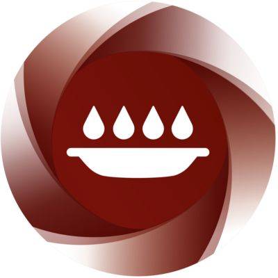 Ein braunes Symbol mit einem Teller und vier Wassertropfen darauf, dargestellt in einem spiralförmigen Kreis.