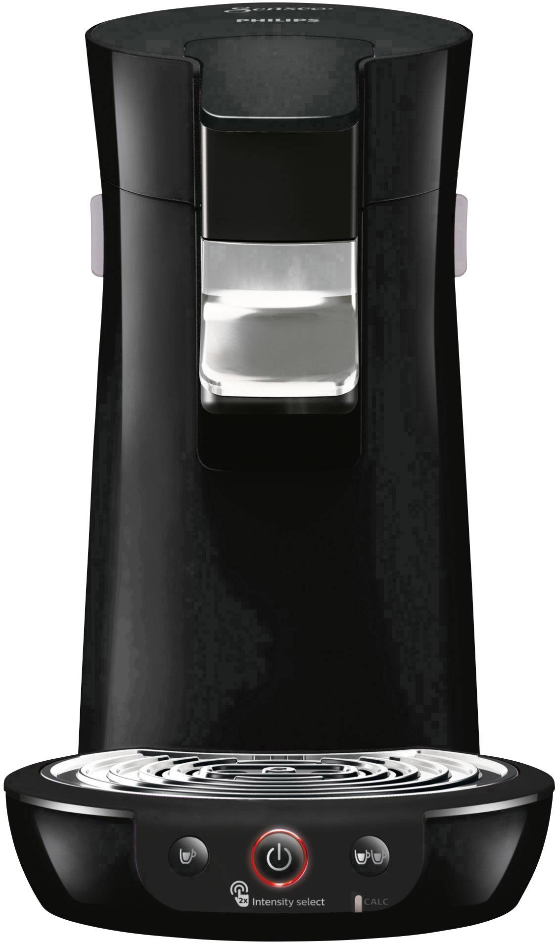 Eine schwarze Kaffeemaschine mit glattem Design und Bedienelementen auf der Vorderseite; geeignet für Einzelportionen.