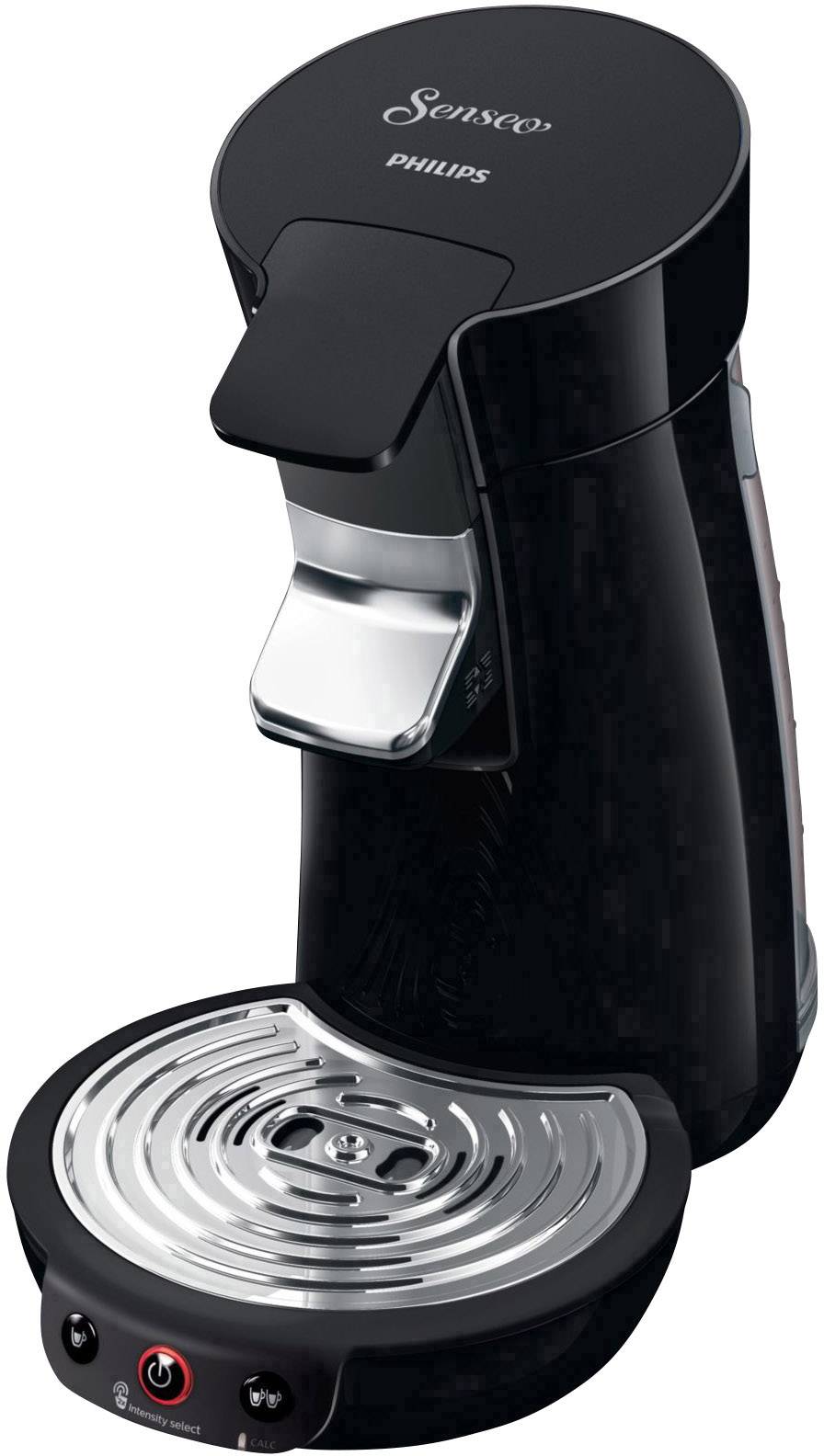 Schwarze Philips Senseo Kaffeepadmaschine mit silbernen Details und Tropfschale. Geeignet für die Zubereitung von Filterkaffee.