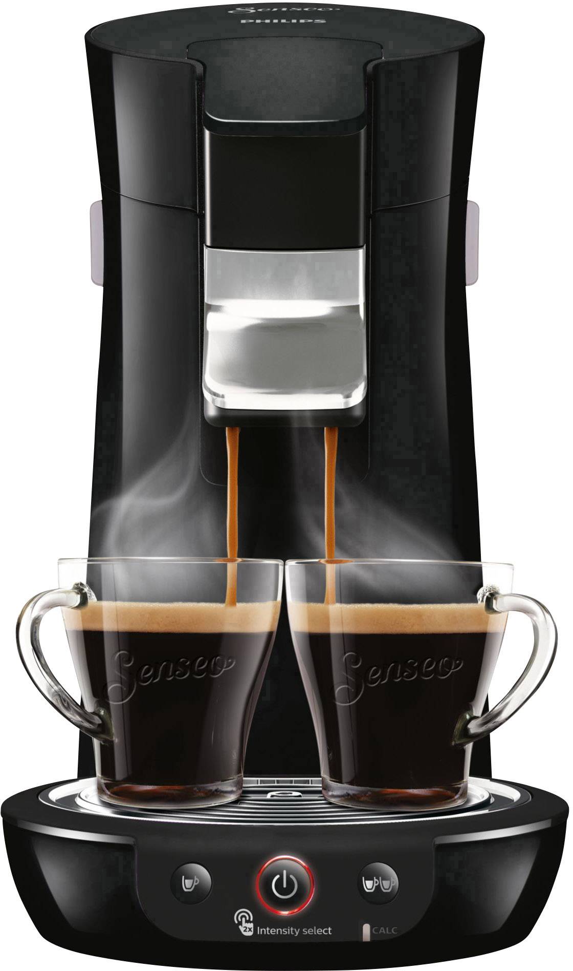 Eine schwarze Kaffeemaschine brüht zwei Tassen Kaffee gleichzeitig.