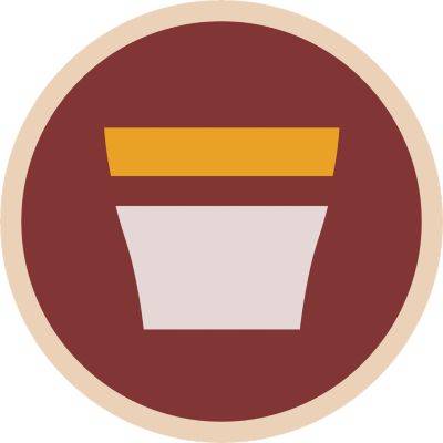 Ein stilisiertes Symbol eines Blumentopfs, bestehend aus einem gelben Rand und einem weißen Behälter auf einem roten Hintergrund.