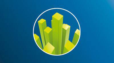 Grüne 3D-Balkendiagramme in einem Kreis auf blauem Hintergrund. Die Balken symbolisieren steigende Werte oder Wachstumstrends.