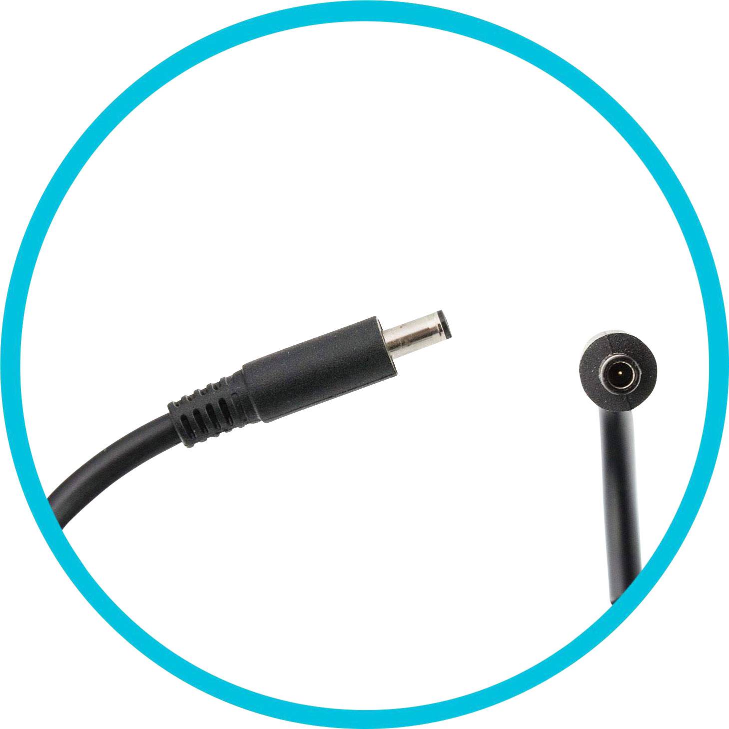 Schwarzes Ladekabel mit Stecker und Buchse, abgeschnittene Enden, auf weißem Hintergrund.