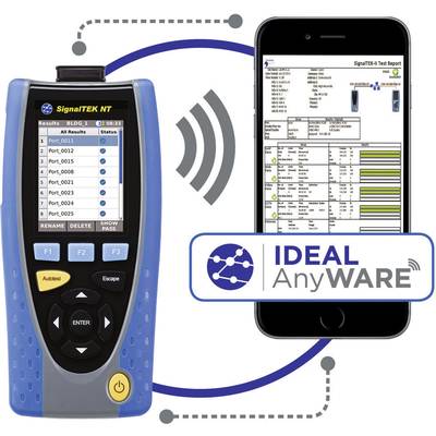 'SignalTEK NT' Gerät neben Smartphone mit 'IDEAL AnyWARE' App-Schnittstelle. Diagramme und Berichte auf dem Smartphone-Bildschirm gezeigt.