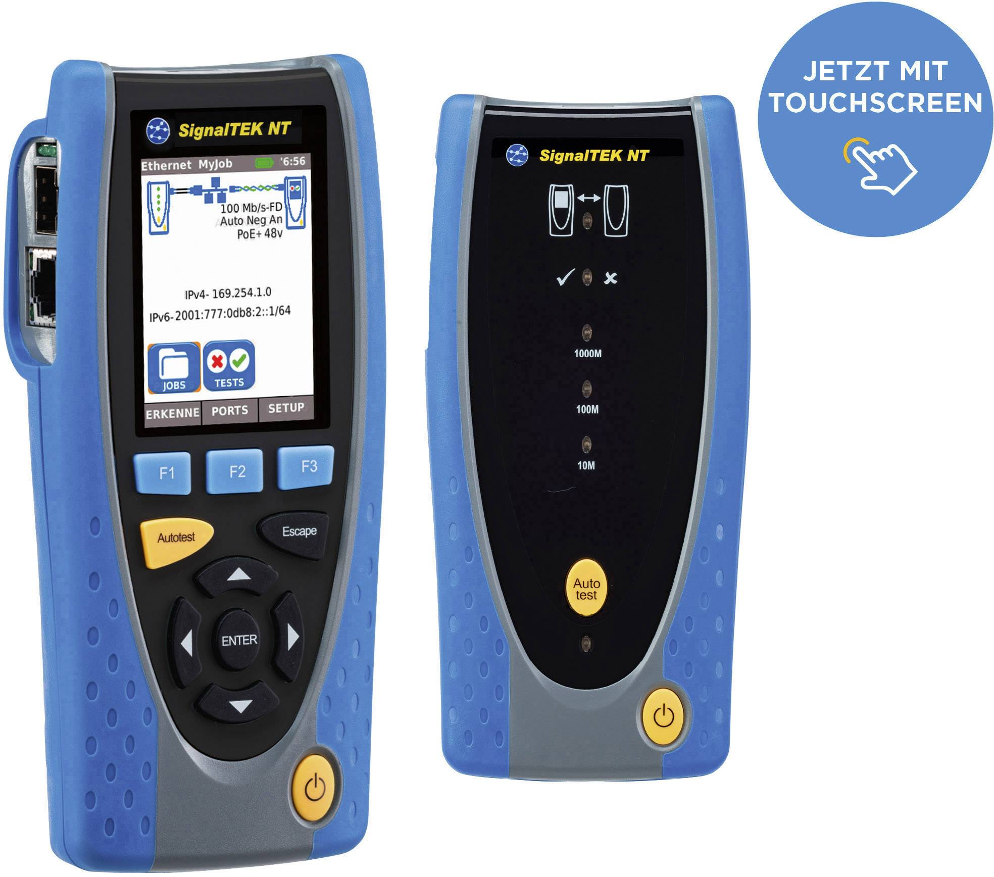 'SignalTEK NT Netzwerktester mit Touchscreen und LCD-Anzeige. Zeigt Netzwerkkonfiguration und ermöglicht Kabeltests.'