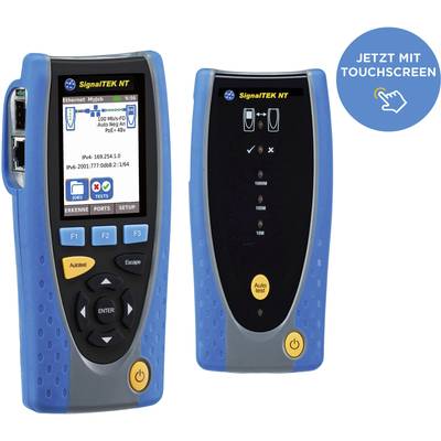 'SignalTEK NT Netzwerktester mit Touchscreen und LCD-Anzeige. Zeigt Netzwerkkonfiguration und ermöglicht Kabeltests.'