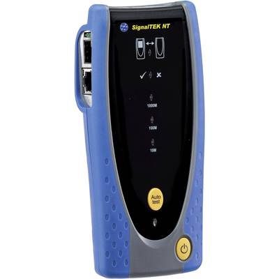 Ein blau-schwarzes Handgerät zur Netzwerktests namens 'SignalTEK NT' mit gelben Tasten für Auto-Test und Ein/Aus.