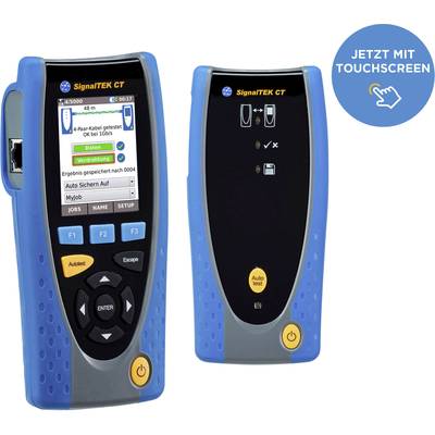 'Zwei blaue SignalTEK CT Geräte mit Touchscreen-Funktion. Links zeigt das Display Testergebnisse. Rechts die Vorderansicht ohne Display.'