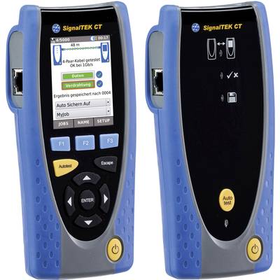 Ein Gerät zur Kabelprüfung, Modell SignalTEK CT, mit Bildschirmanzeigen und Tasten für Tests und Einstellungen.