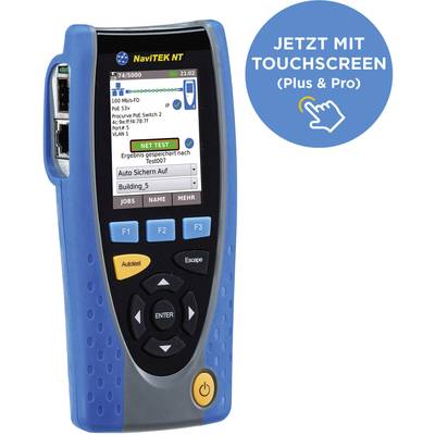 Ein tragbares Netzwerktestgerät mit Bildschirm zeigt Testergebnisse. Rechts davon ein runder blauer Button mit Text 'JETZT MIT TOUCHSCREEN (Plus & Pro)'.