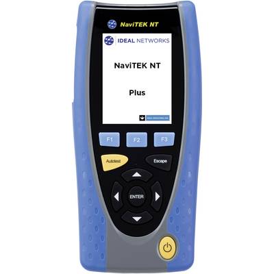 Ein tragbares Netzwerk-Testgerät mit Display zeigt den Text 'NaviTEK NT Plus'. Tasten mit Funktionen sind darunter angeordnet.
