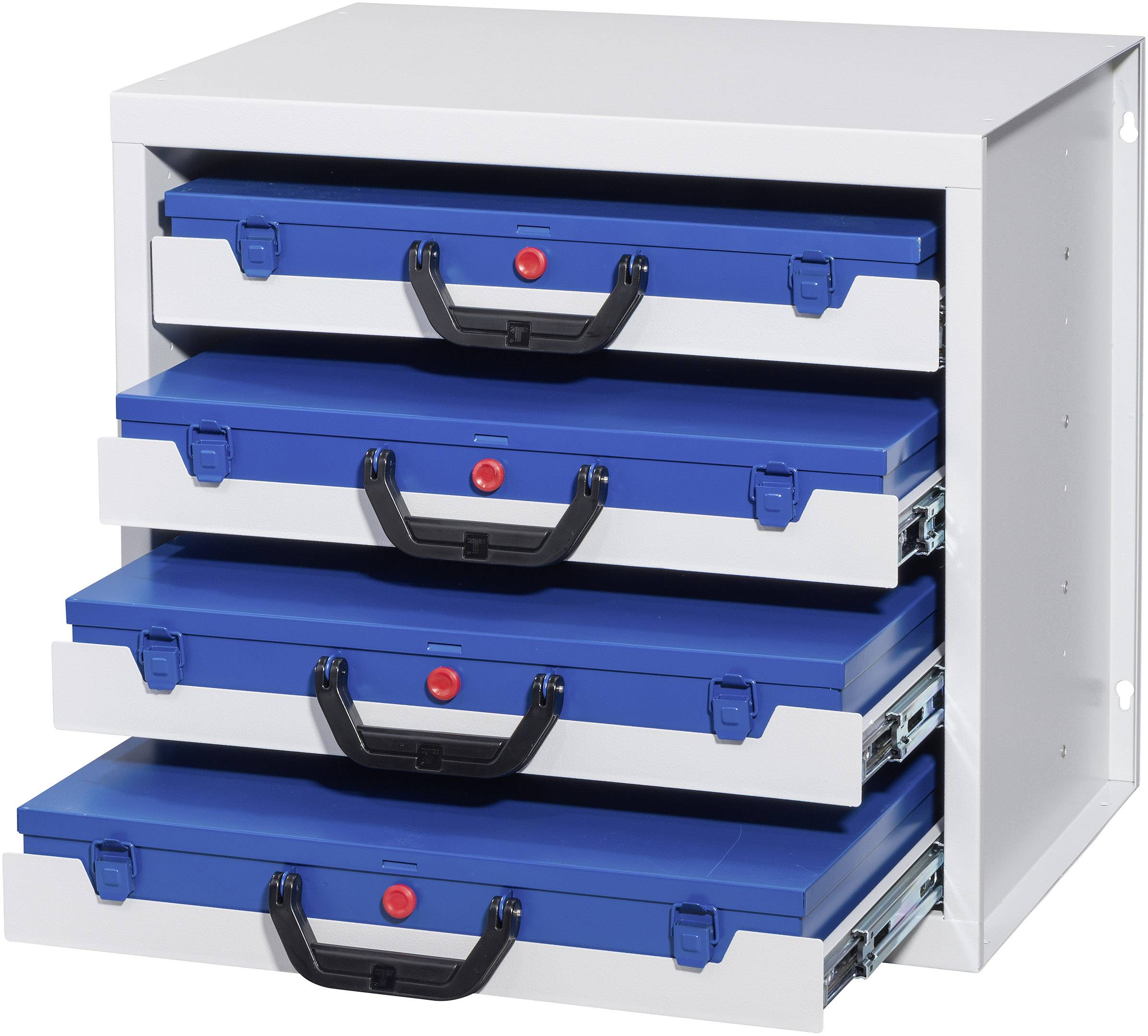 Schubladenschrank mit vier blauen, herausziehbaren Schubladen. Jede Schublade hat einen schwarzen Griff und einen roten Schiebeverschluss.
