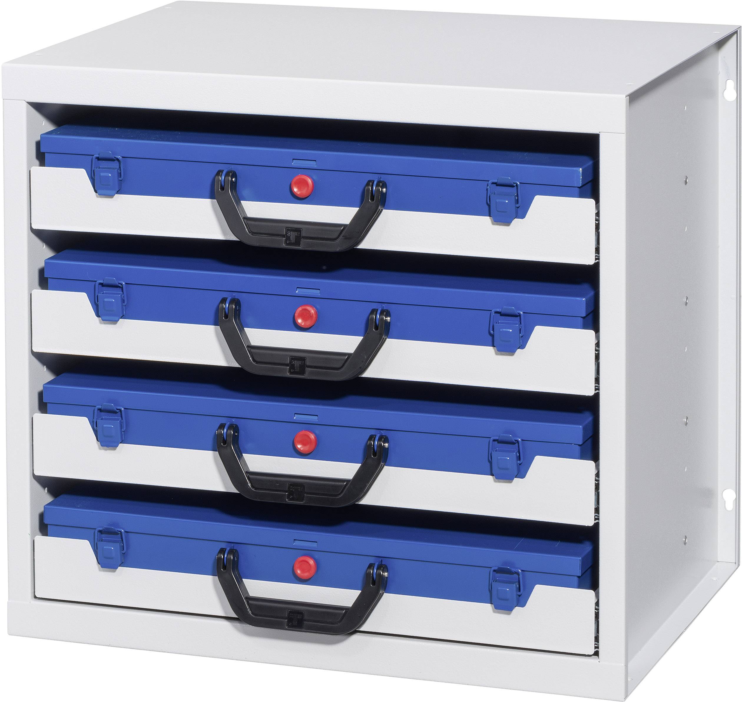 Ein weißer Schrank mit fünf blauen Schubladen, die mit schwarzen Griffen und roten Knöpfen ausgestattet sind. Geeignet zur Materialaufbewahrung.