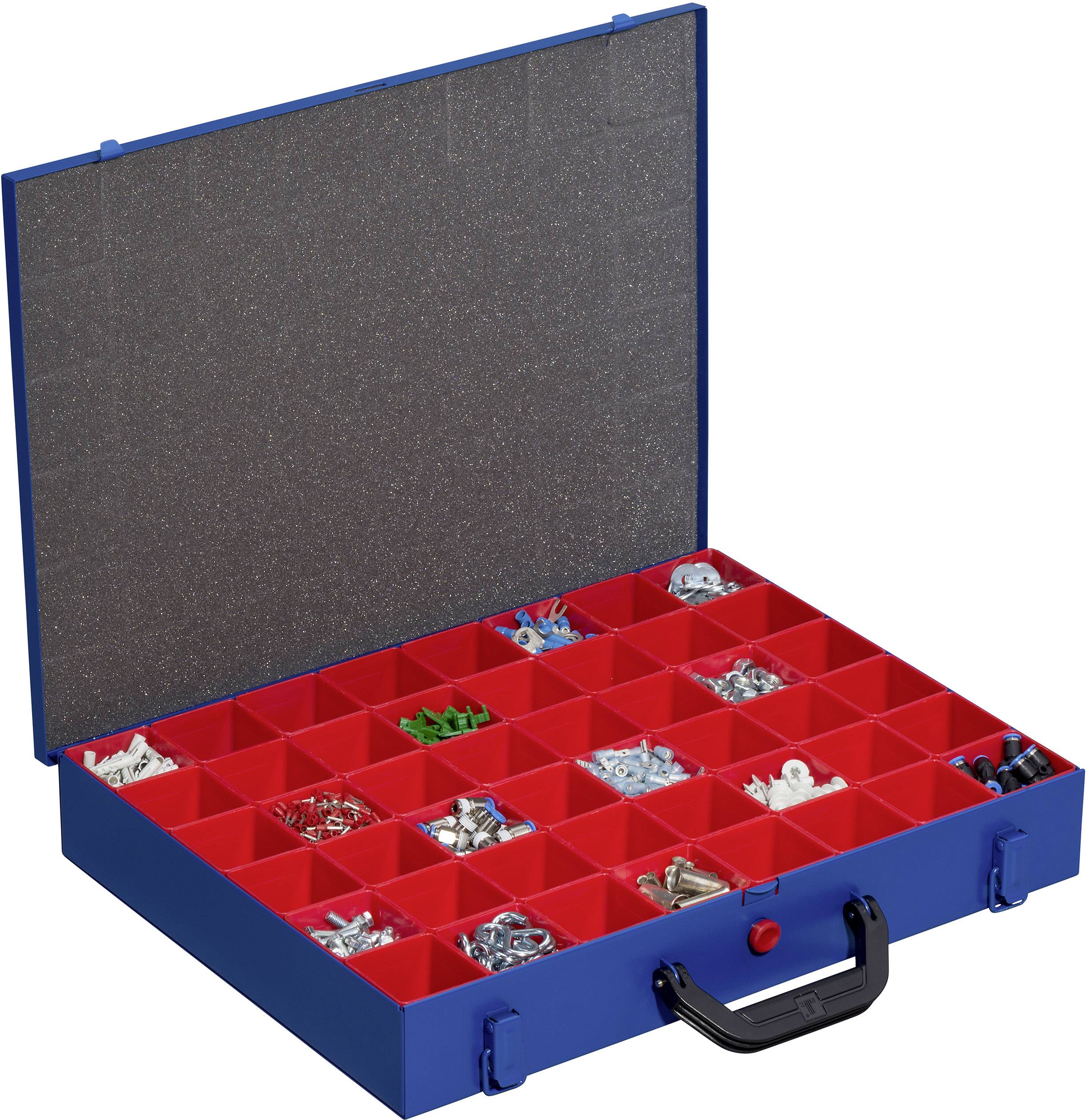 Blauer Koffer mit roten Fächern, gefüllt mit verschiedenen Schrauben und Muttern, geöffnet auf einem Tisch.