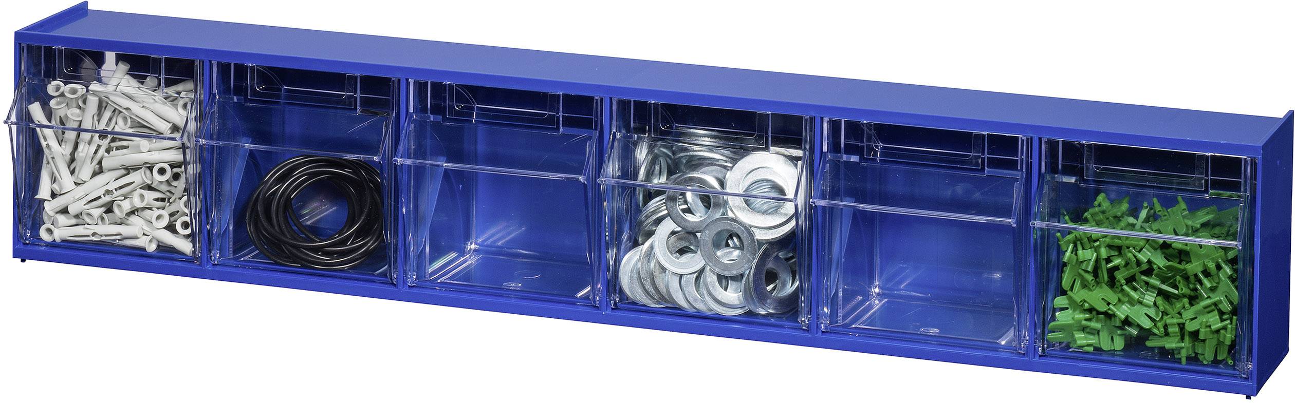 Eine blaue Organizer-Box mit fünf Fächern, die Schrauben, Draht, Unterlegscheiben und grüne Dübel enthält.
