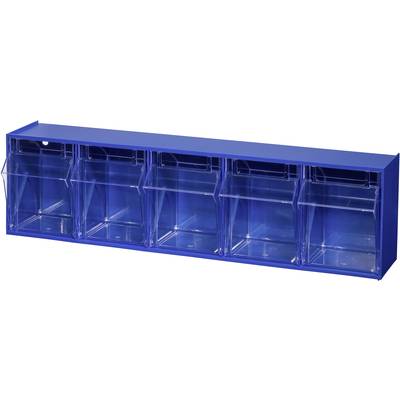 Blauer Organizer aus Kunststoff mit fünf transparenten Schubladen zur Aufbewahrung von Kleinteilen. Ideal für Werkstatt oder Büro.