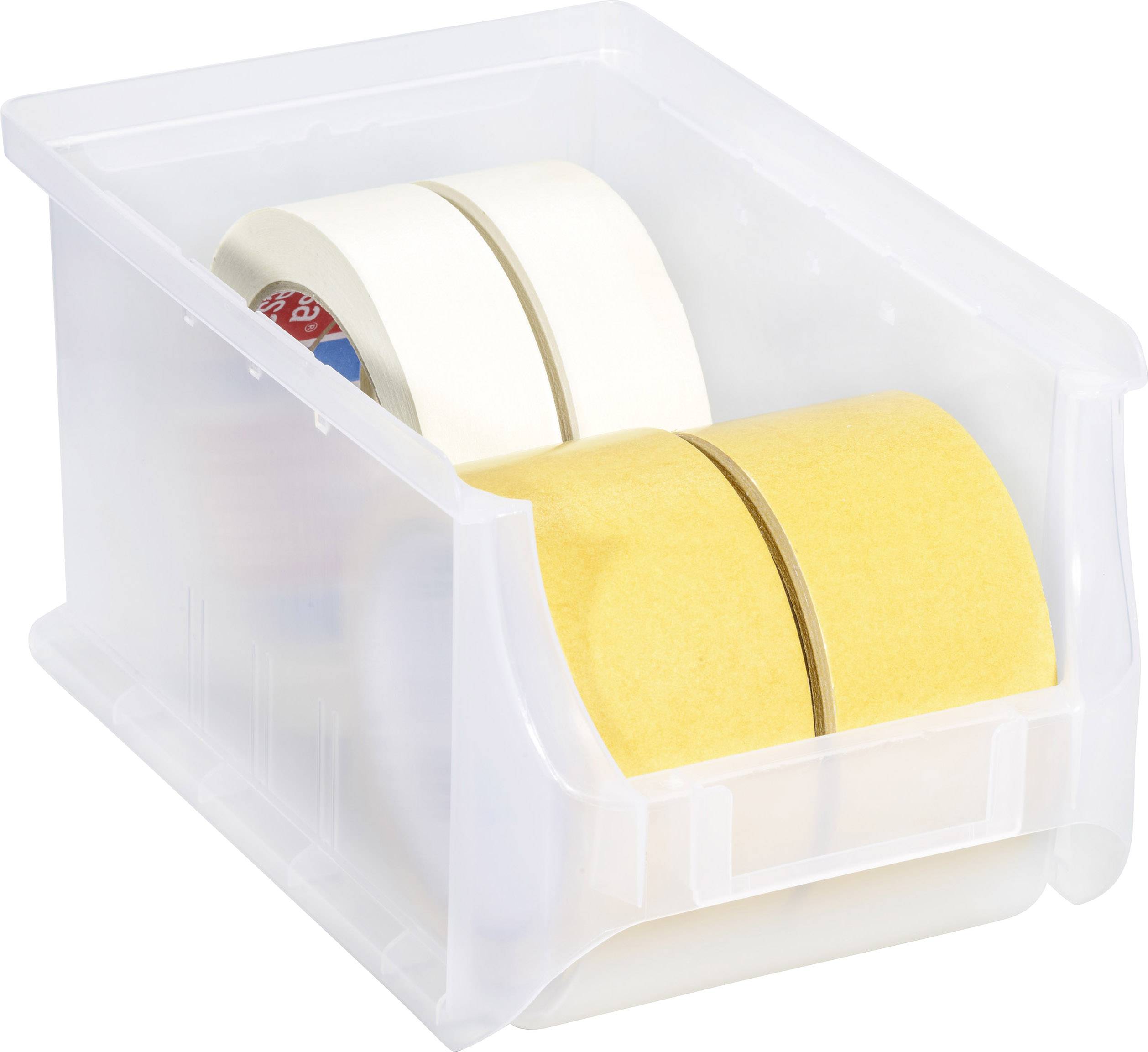 Eine durchsichtige Box mit mehreren Rollen Klebeband in verschiedenen Farben: weiß, gelb und rot-blau gemustert.