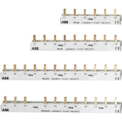 'ABB'-Phasenschiene mit Kupferkontakten, beschriftet mit 'PS 3/6'. Geeignet für 230/400V, 63A, 10mm², in vier Größen dargestellt. CE-Kennzeichnung.