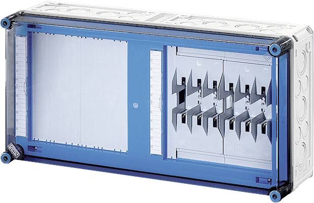 Elektrischer Verteilerkasten mit mehreren Sicherungshaltern, montiert auf einer grauen Wand; geeignet für industrielle Anwendungen.