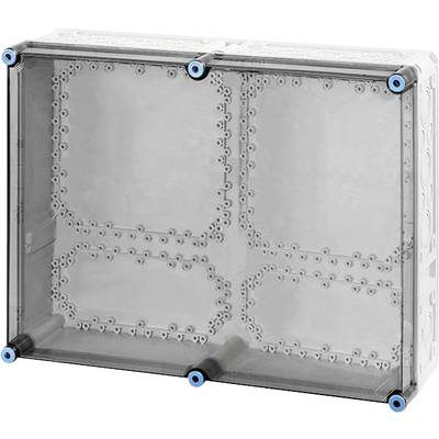 Eine transparente Kunststoffbox mit bläulichen Verschlusspunkten an den Ecken, möglicherweise zum Schutz oder für elektrische Installationen.