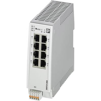 Ein rechteckiger Industrie-Ethernet-Switch mit acht Ethernet-Ports auf der Vorderseite und einer grauen Gehäusefarbe.