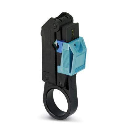 Ein schwarzes Kabelabziehwerkzeug mit einem blauen Element. Es hat einen runden Griff und wird zur Entfernung von Isolierungen genutzt.