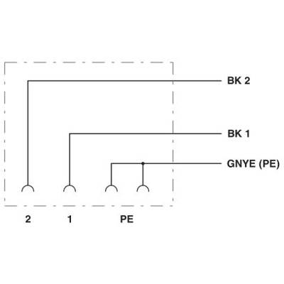 'Verkabelungsdiagramm mit BK 2 und BK 1, verbunden mit 2 und 1. GNYE (PE) ist mit PE verbunden.'