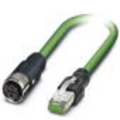 'Ein grünes Ethernetkabel mit einem RJ45-Stecker auf der einen und einem runden Mehrpol-Stecker auf der anderen Seite.'