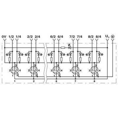 Schaltplan eines elektrischen Systems mit acht nummerierten Steckverbindungen und verschiedenen Widerstandswerten.