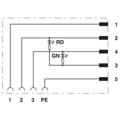 Schaltschema mit fünf Anschlüssen. Verbindungslinien zeigen eine mit 'RD' und 'GN' gekennzeichnete Stromflussrichtung. Anschlüsse nummeriert 1 bis 5.