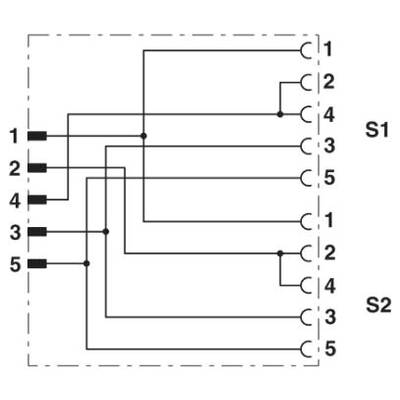'Schaltschema mit zwei Schaltern, S1 und S2, verbunden mit fünf nummerierten Anschlüssen.'