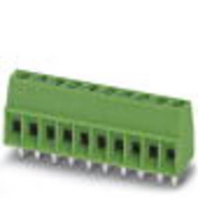 Grüner elektrischer Steckverbinder mit mehreren Pins, horizontal ausgerichtet. Verwendet für den Anschluss von Kabeln an Leiterplatten.