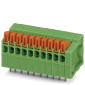 Grüner elektrischer Steckverbinder mit orangenen Klemmen, geeignet für die sichere Verbindung von Kabeln auf einer Leiterplatte.