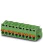 Grüne elektrische Klemmenleiste mit mehreren Anschlussstellen, oft in der Elektronik und Verdrahtung verwendet.