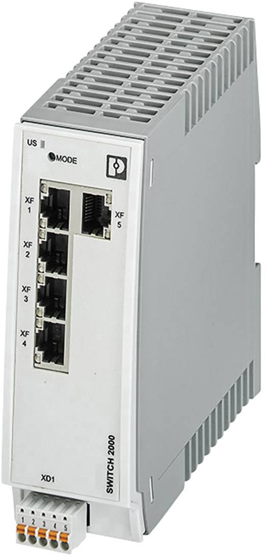 Grau-weißer Industrie-Netzwerkswitch mit fünf Ethernet-Ports auf der Vorderseite; kompakte, rechteckige Bauweise.