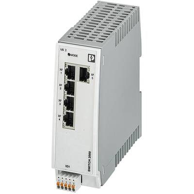 Grau-weißer Industrie-Netzwerkswitch mit fünf Ethernet-Ports auf der Vorderseite; kompakte, rechteckige Bauweise.