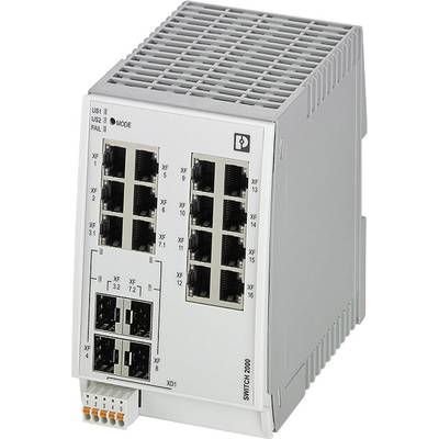 Industrieller Ethernet-Switch mit mehreren Ethernet-Ports auf Vorderseite; kompakte, rechteckige Bauweise; geeignet für Schaltschrankmontage.