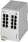 Industrie-Netzwerkswitch mit 16 Ethernet-Ports, montiert auf einer DIN-Schiene. Eignet sich für industrielle Automatisierungsanwendungen.