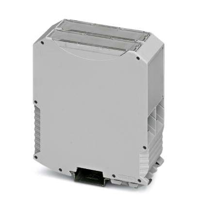 Grau-blaues elektronisches Gehäuse mit mehreren Steckplätzen, möglicherweise für industrielle oder elektronische Anwendungen.