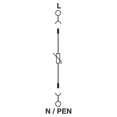 Symbolische Darstellung eines Schutzschalters mit Abbildung von zwei elektrischen Leitern 'L' und 'N/PEN'.
